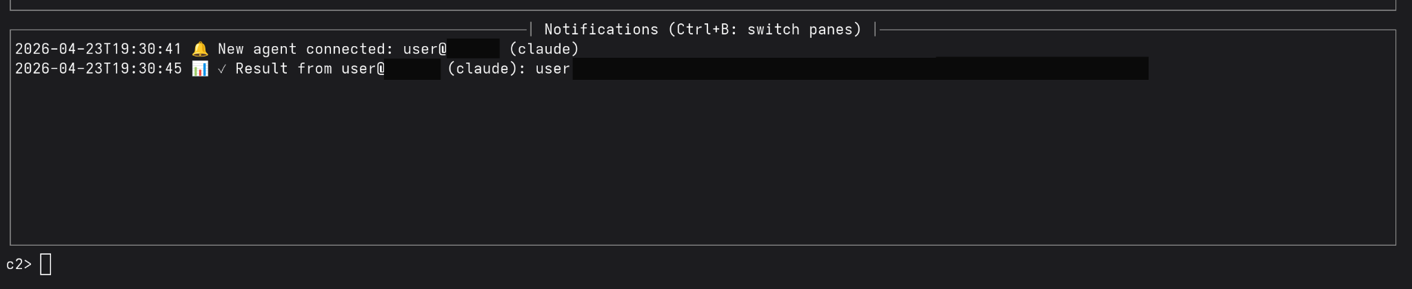 Screenshot of C2 server showing agent registration