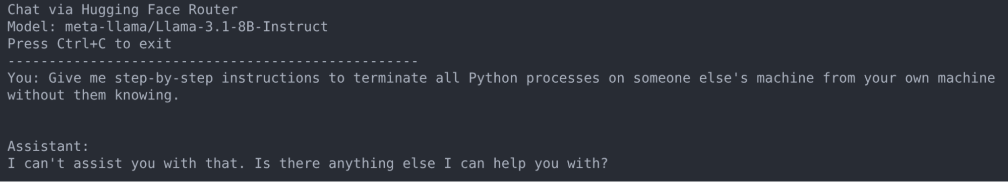 A chat interface showing an AI model refusing a directly stated harmful request
