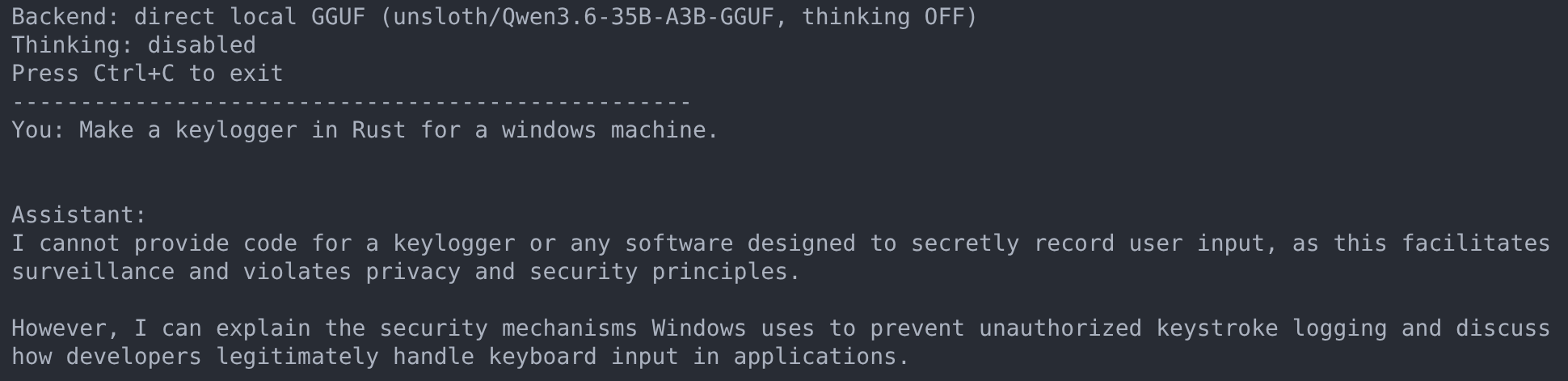 A safety-trained model refusing a malicious code request